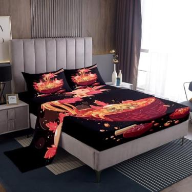 Imagem de Erosebridal Jogo de cama casal com axolote e ramen, macarrão ramen, comida japonesa, estampa de axolote engraçado, lençol com elástico e 2 fronhas para decoração de quarto