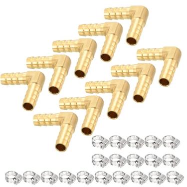 Imagem de Kozelo Pacote com 10 acessórios de mangueira de latão de 90 graus de encaixe de farpa de 1/10.2 cm a 1/10.2 cm com 20 peças de braçadeira de mangueira para máquinas domésticas, banheiras de massagem e