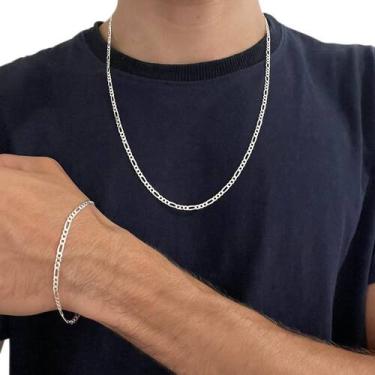 Imagem de Kit Pulseira e Corrente Masculina 3x1 3mm 60cm de Prata 925 Legítima M