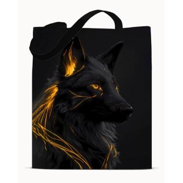 Imagem de Animal preto e dourado - bolsa de lona estética raposa - bolsa de ombro preta dourada moderna reutilizável para compras, trabalho, viagem, praia, bolsas