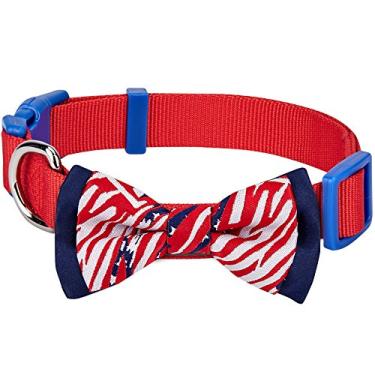 Imagem de Blueberry Pet Coleira de cachorro vermelha ajustável com 2 estampas de espíritos patrióticos bandeira americana - gravata borboleta feita à mão com tecido jacquard trançado, médio, pescoço 36,8 a 50,8