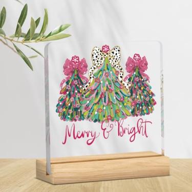 Imagem de Placa de decoração de Feliz Natal rosa para decoração de árvore de Natal para prateleira de mesa com laço rosa alegre e brilhante, decoração de placa acrílica de Natal, 10 x 10 cm