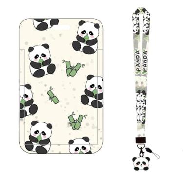 Imagem de Porta-cartões de plástico com cordão longo impressão panda carteira rígida antiperda carteira para cartão deslizante portátil (G)