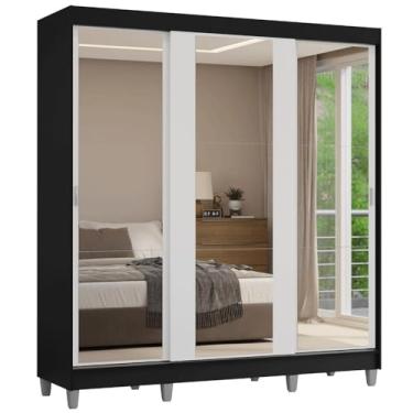 Imagem de Guarda-roupa Casal com Pés 3 Portas de Correr de Espelho Preto/branco Reno Madesa