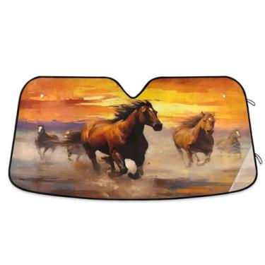 Imagem de ATTX Para-brisa de carro vermelho laranja marrom cavalos 139.7 cm x 70.1 cm escudo solar universal com proteção UV, persiana de janela frontal automática dobrável para caminhões Sedans SUVs #483