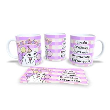 Imagem de Caneca de Cerâmica com Desenho Amiga, Listras Coloridas Pastel, Design Aniversário com Bolo, Presente Decorativo (17199)