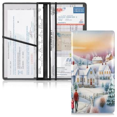 Imagem de Qilmy Winter Village Suporte para registro e seguro de carro de couro PU para documentos de veículos, porta-luvas com compartimentos para cartões de PVC transparente para cartões de identificação de