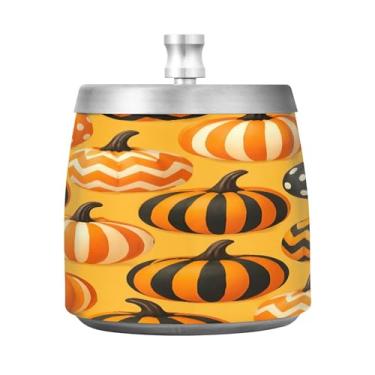 Imagem de Qilmy Cinzeiro de aço inoxidável com tampa com estampa de abóbora laranja - Cinzeiro de cigarro à prova de vento sem cheiro sem fumaça para casa, escritório, carro, pátio, varanda (uso interno e