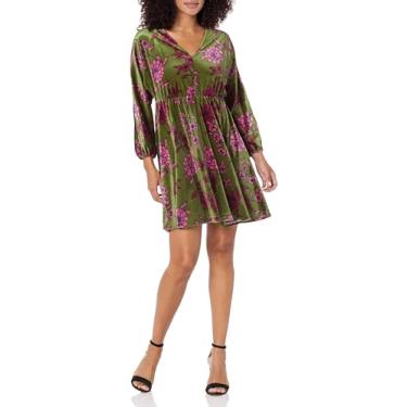 Imagem de London Times Vestido feminino de manga comprida com decote em V, Sorvete verde-oliva profundo/rosa, GG