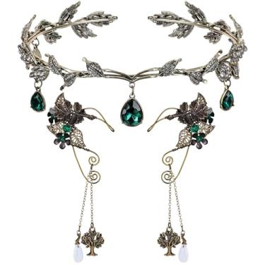 Imagem de FRESHME Punhos de orelha e faixa de cabeça de fada - punhos vintage de elfo para mulheres, coroa de fada, fantasia renascentista, orelhas de elfas, Halloween, renfaire, formatura, fada, maquiagem