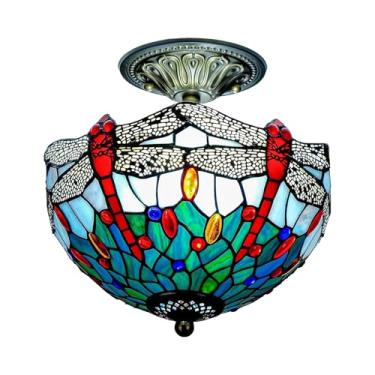 Imagem de GILGGAK Luminária de teto estilo libélula Tiffany luminária de vitral Semi embutida Lâmpada de montagem semi embutida de 30,5 cm de altura 28 cm com inspiração vintage para entrada do corredor do