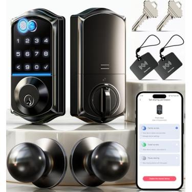 Imagem de Veise Fechadura inteligente de impressão digital VE017-K com 2 maçanetas, controle de aplicativo, fechadura frontal de porta de entrada sem chave com conjunto de alças, fechadura digital eletrônica, à