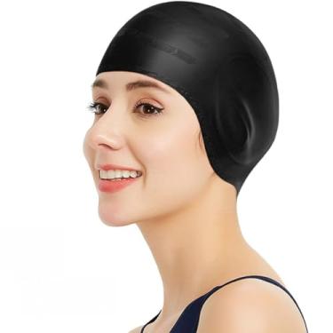 Imagem de Touca de natação, touca de natação de silicone para mulheres e homens, touca de natação durável antiderrapante impermeável protege as orelhas, cabelo comprido para adultos (preto)