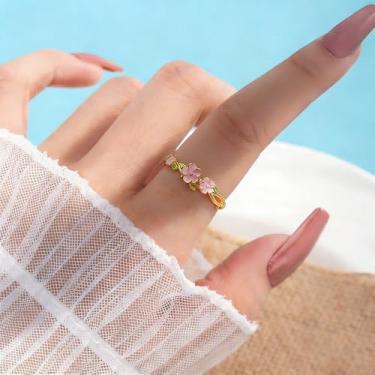 Imagem de Anel feminino com flor de cerejeira rosa para mulheres, berloques, flores delicadas, banhadas a ouro, abertas, ajustáveis, doces, anéis de compromisso, de aniversário, joias finas para namorada