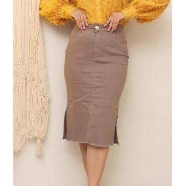 Imagem de Saia Jeans Feminina Com Lycra e Fendais Lavagem Bege Cintura Alta Evag