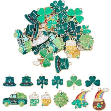 Imagem de SUPERFINDINGS 36 peças, 12 estilos, pingentes de trevo da sorte verde amuleto trevo verde liga esmalte chapéu irlandês arco-íris carro trevo pingentes para fabricação de joias, furo: 1,5-2 mm