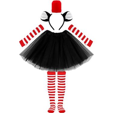 Imagem de SOMSOC Conjunto De Fantasia De Saia Tutu De Tule Para Meninas, Saia Tutu, Faixa De Cabeça Com Orelha De Gato E Chapéu De Chaminé, Meia-Calça Listrada Alta, Manga Comprida, Luvas Sem Dedos Para Cospl