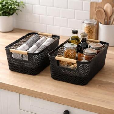 Imagem de Kit Com 2 Cestos Organizador Plástico Multiuso Com Alça Madeira Bambu 
