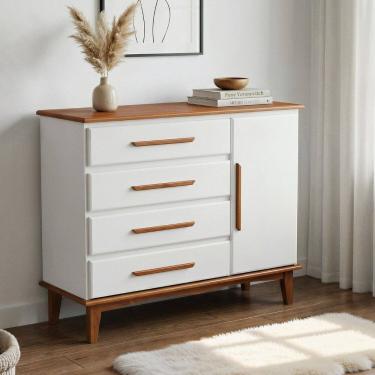 Imagem de Cômoda 4 Gavetas e 1 Porta em Madeira Maciça de Pinus com Corrediças Telescópicas Castanho Claro