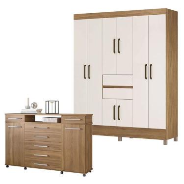 Imagem de Cômoda London e Guarda Roupa Casal Munique 8 Portas 2 Gavetas MDP Amêndola Off White Demóbile