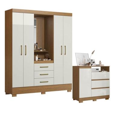 Imagem de Cômoda e Guarda Roupa Solteiro Paris 2045150 3 Gavetas MDF Puxador Plástico Off White A...