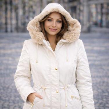 Imagem de Jaqueta Sarja Parka Feminina Com Cordão De Ajuste Cintura Casaco De In