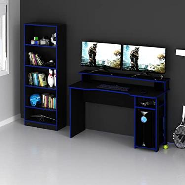 Imagem de Kit Gamer Mesa Escrivaninha Para 2 Monitores + Estante Cor: Preto com Azul