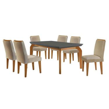 Imagem de conjunto de mesa de jantar retangular com tampo de vidro grafire turquesa e 6 cadeiras luanda linho bege e imbuia