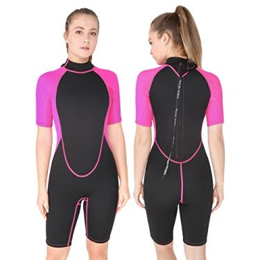 Imagem de REALON Shorty Roupa de mergulho feminina de 2 mm, roupa de banho térmica de neoprene para adultos, manga curta, zíper nas costas, roupa molhada para manter quente em água fria para natação, surfe, mergulho, snorkel (short rosa de 2 mm, 5GG)