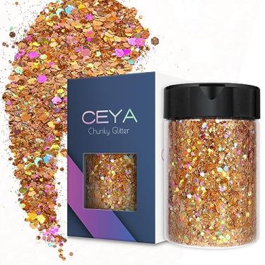 Imagem de Ceya Glitter grosso holográfico, 100 g ouro rosa artesanato glitter pó misturado flocos grossos e finos, lantejoulas iridescentes para arte de unhas, cabelo, resina epóxi, copos, geleca, pintura, decoração de festivais