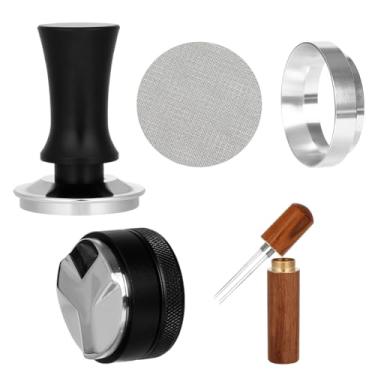 Imagem de Conjunto de adulteração de café expresso de profundidade ajustável: Nivelador distribuidor de café expresso com mola de 58 mm com funil de dosagem magnética, metal de alumínio e tela reutilizável