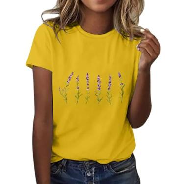 Imagem de Camiseta feminina com estampa floral, manga curta, gola redonda, caimento solto, casual, roupa de treino de verão, Z1 - Amarelo, XXG