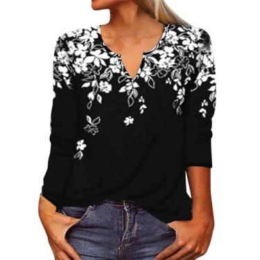 Imagem de Blusa feminina estampada para mulheres 2024 verão gola V túnica blusa manga longa floral boho camiseta casual moderna, Branco-B, M