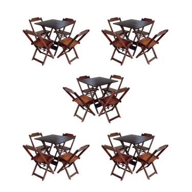 Imagem de Kit 5 Conjuntos de Mesa Dobravel com 4 Cadeiras de Madeira 70x70 para Restaurante e Bar - Imbuia