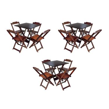 Imagem de Kit 3 Conjuntos de Mesa Dobravel com 4 Cadeiras de Madeira 70x70 para Restaurante e Bar - Imbuia