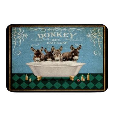 Imagem de Tapetes de banheiro bonitos de burro para crianças retrô divertidos animais de fazenda tapetes de banheiro antiderrapante vintage fazenda marrom burros tapetes de banheiro para banheiro azul verde diamante geométrico acessórios de banheiro tapete de chão 40,64 x 60,96 cm