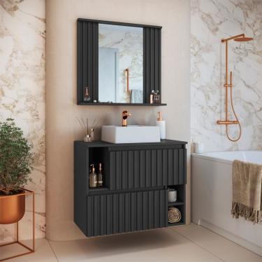 Imagem de Conjunto de Gabinete com Cuba Branca e Espelho de Banheiro Luiza 2 PT Grafite