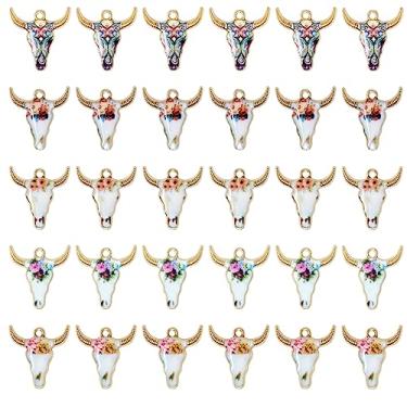 Imagem de Honbay Pingentes de vaca de liga esmaltada, 30 peças, pingentes de cabeça de gado ocidental com padrão de flores para brinco, colar, pulseira, chaveiro, joias, artesanato (5 cores)