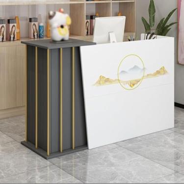 Imagem de Balcão de recepção, balcão frontal de 119.4 cm para checkout, balcão de recepção com grande armazenamento com gaveta trancável e mesa de recepção de armário de 1 porta, C2.140**40 * 90 cm