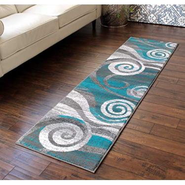 Imagem de Masada Rugs, Stephanie Collection Tapete de área moderno design contemporâneo 1103 turquesa cinza branco (2 pés x 7 pés 3 polegadas) corredor