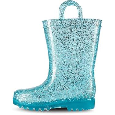 Imagem de Sporto Botas de chuva infantis (Jazz) com glitter – sapatos à prova d'água, sapatos de chuva de borracha forrados sem cadarço – botas de chuva clássicas para crianças/crianças pequenas, Turquesa/prata, 10 Toddler
