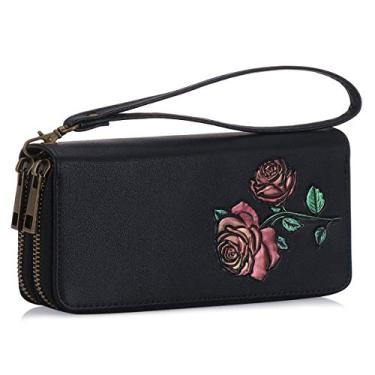 Imagem de Carteira feminina longa com zíper duplo e alça de mão para cartão, dinheiro, moeda, notas (duas rosas vermelhas)