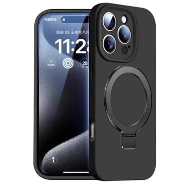 Imagem de LYJSMGZ Capa Ring para iPhone 16 Pro Max/16 Pro/16 Plus/16, capa de silicone líquido, forro de fibra, revestimento antiarranhões, suporte de sucção magnética para veículos, preta, 16 Pro