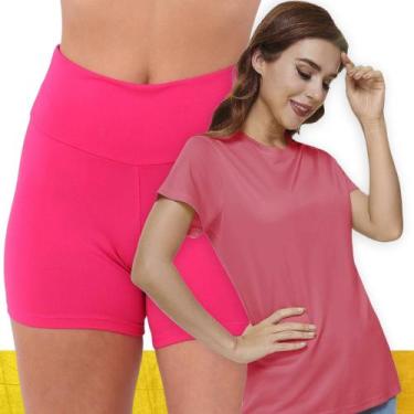 Imagem de Kit Short Legging BÁSICO Cós Alto + Camiseta Corrida Academia Fitness 
