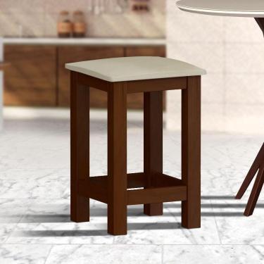 Imagem de Banquinho De Madeira Maciça Baixa Castanho Assento Estofado Material Sintético Bege Nemargi