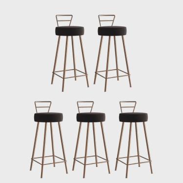 Imagem de Kit 05 Banqueta Alta Com Encosto Tina Eiffel Cozinha Bar Bistrô Ferro Bronze Sintético Marrom - Ahz Móveis