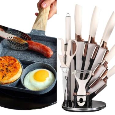 Imagem de Kit Frigideira Antiaderente 3 em 1 + Facas Profissionais Inox (9 Peças) | Ideal p/Cozinhar, Cortar Carnes e Preparar Churrascos com Praticidade