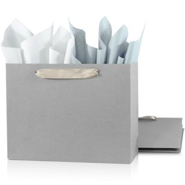 Imagem de Pacote com 3 sacos de presente extra grandes 37 x 13 x 30 cm cinza com papel de seda, sacos de compras de papel kraft com alças de fita, perfeitos para embrulho de varejo, aniversários, casamentos