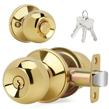 Imagem de LOQRON Maçaneta de porta com design de bola com chaves e trava, maçaneta redonda de entrada com chave para portas dianteiras/de entrada, acabamento em latão polido