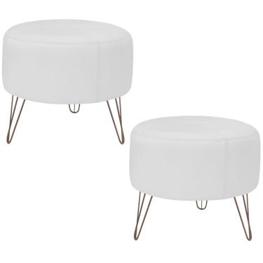 Imagem de Kit 02 Puffs Decorativos Redondo Couro Branco Fosco